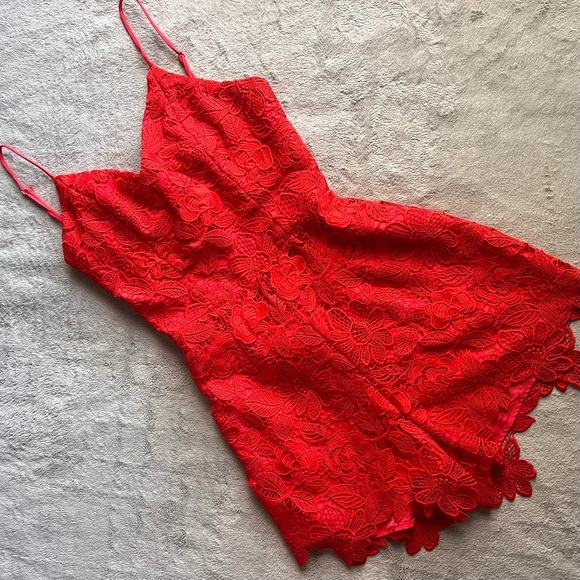 Lovers + Friends Pants - Lovers + Friends Songbird Floral Lace Cutout Back Sleeveless Romper Coral Red